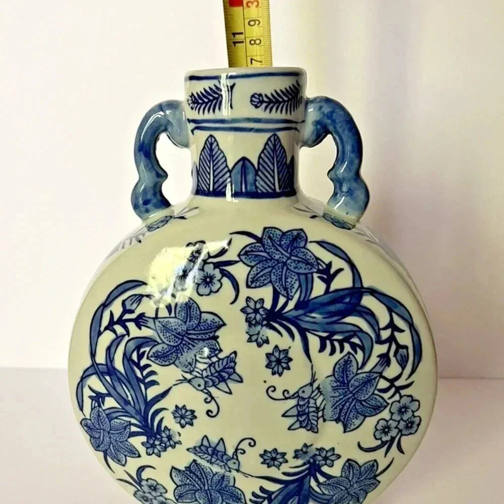 NEW Blue & White Floral Round Ceramic Bud Vase Jar with Handles 11